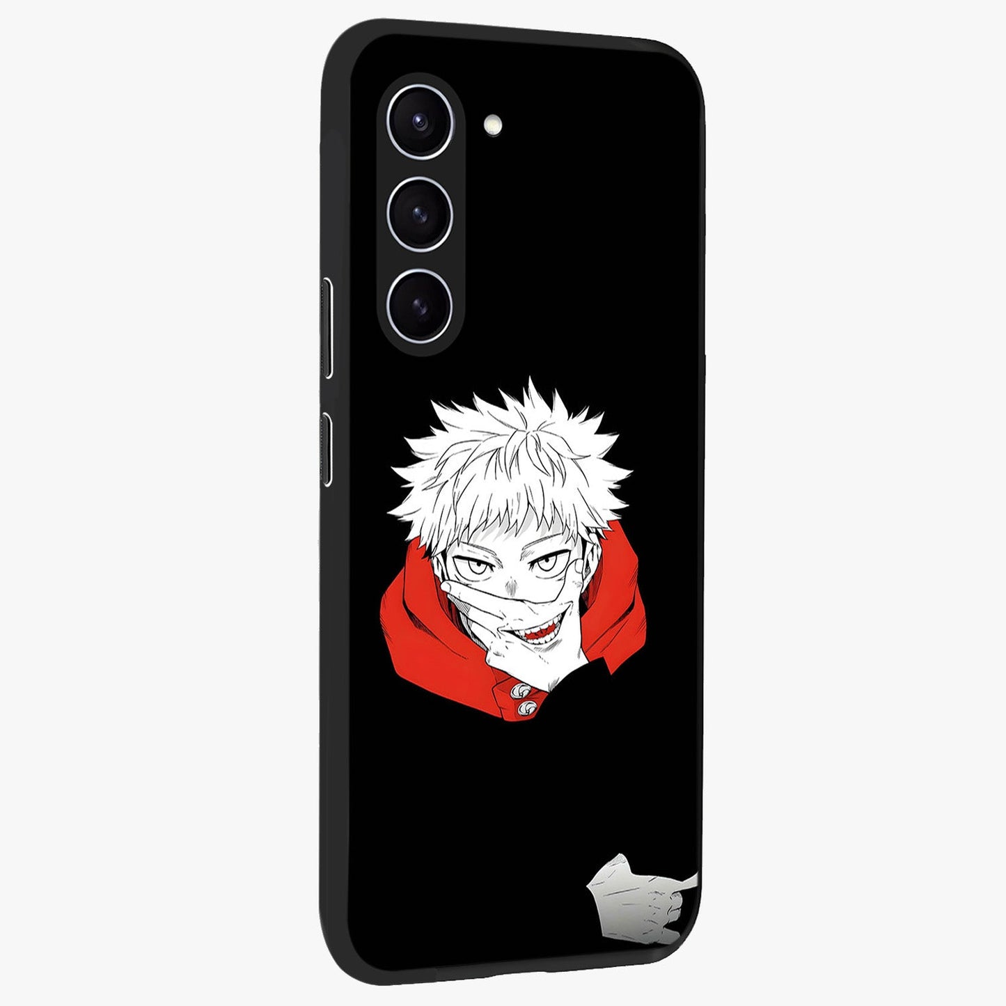 Crimson Chaos Smile Glass Case upright view showcasing expressive chaotic artwork with striking visual theme.