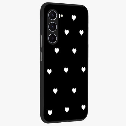 Cute And Simple White Hearts Glass Case upright view showcasing simple white hearts artwork with soft minimal theme.