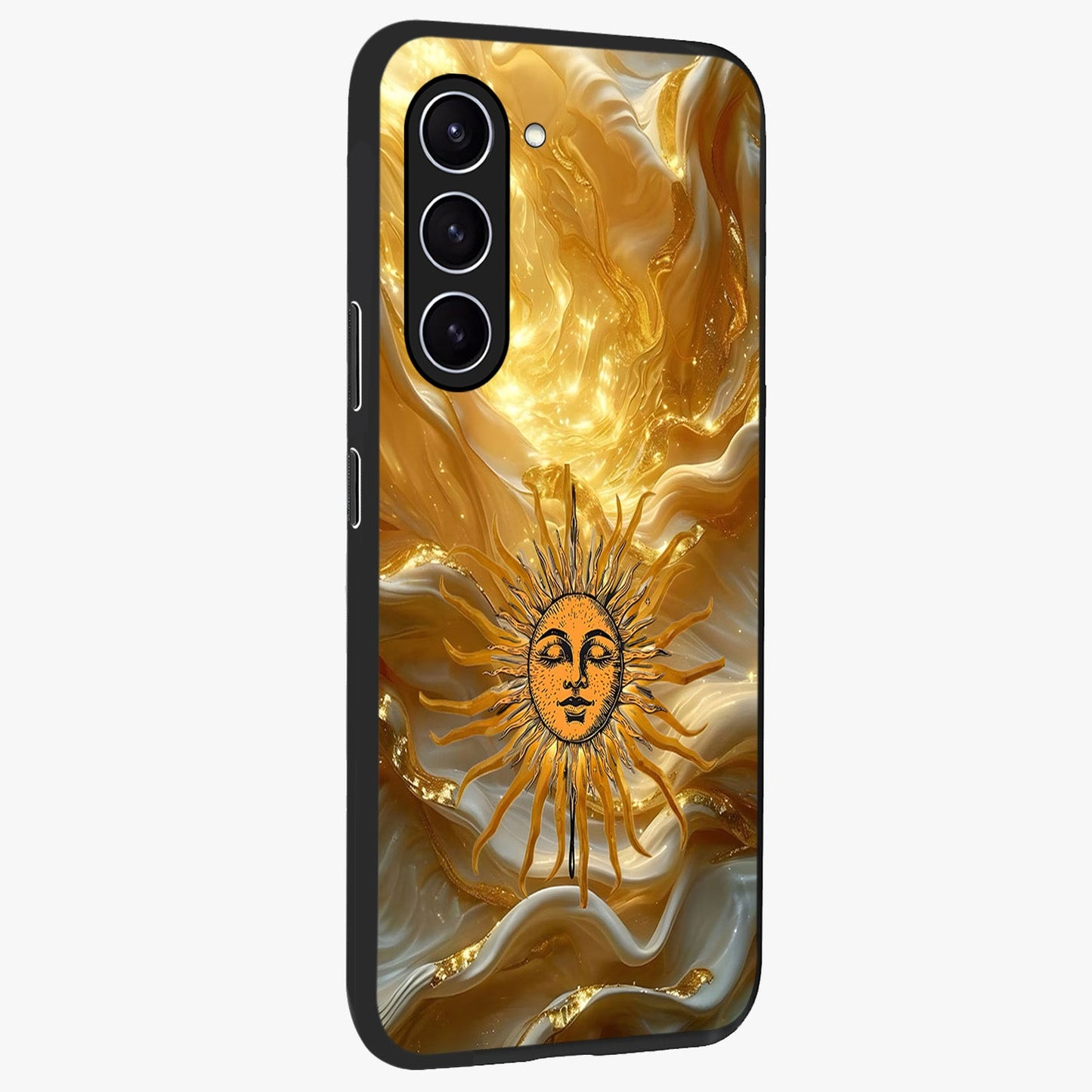 Eternal Golden Glow Glass Case upright view showcasing luminous golden artwork with luxurious visual theme.