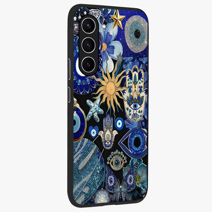 Evil Eye Charm Mix Glass Case upright view showcasing mystical evil eye pattern with vibrant decorative style.