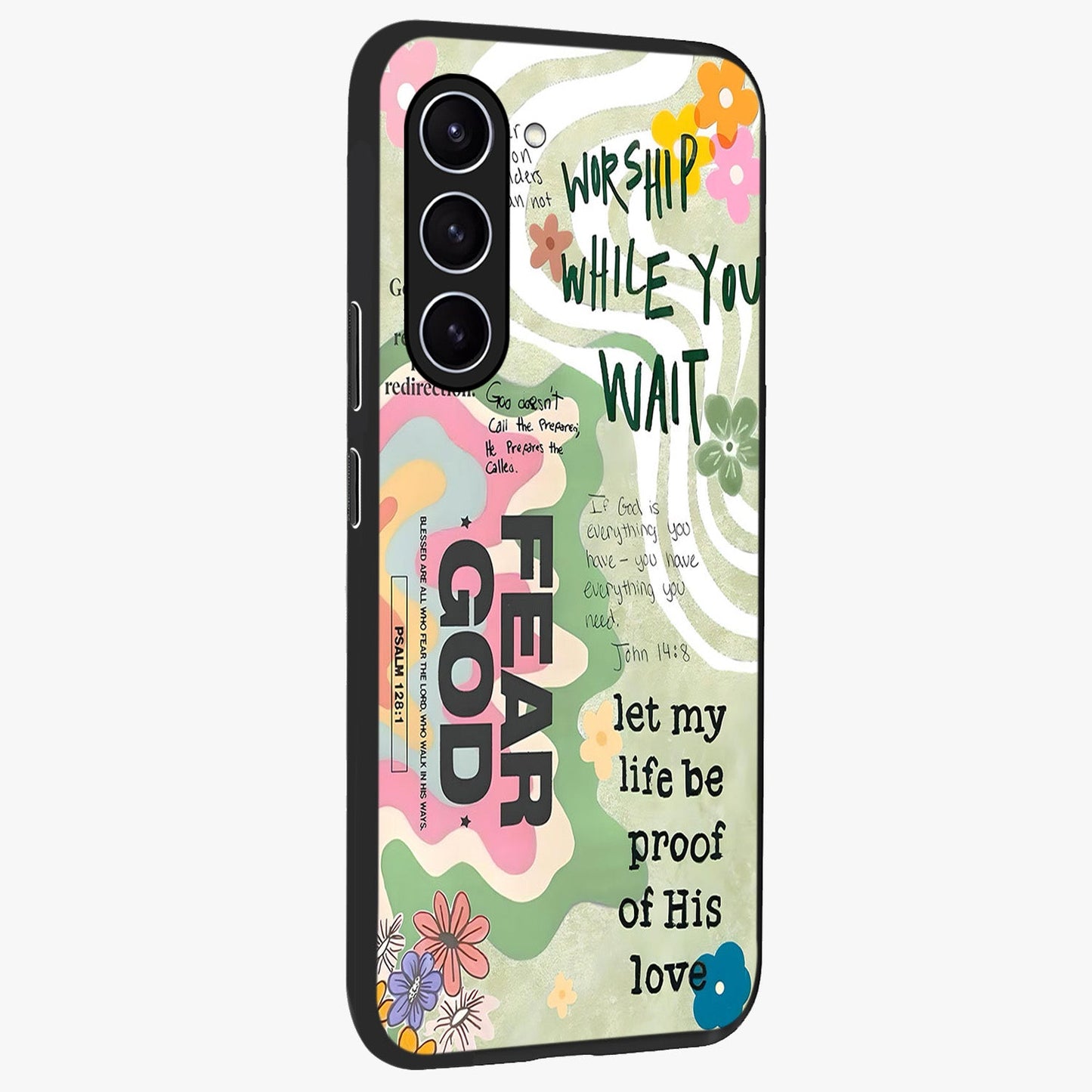 Faith Over Fear Glass Case upright view showcasing bold typography artwork with uplifting motivational theme.