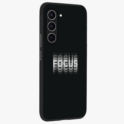 Focus Mode On Glass Case upright view showcasing strong typography statement with sleek motivational theme.