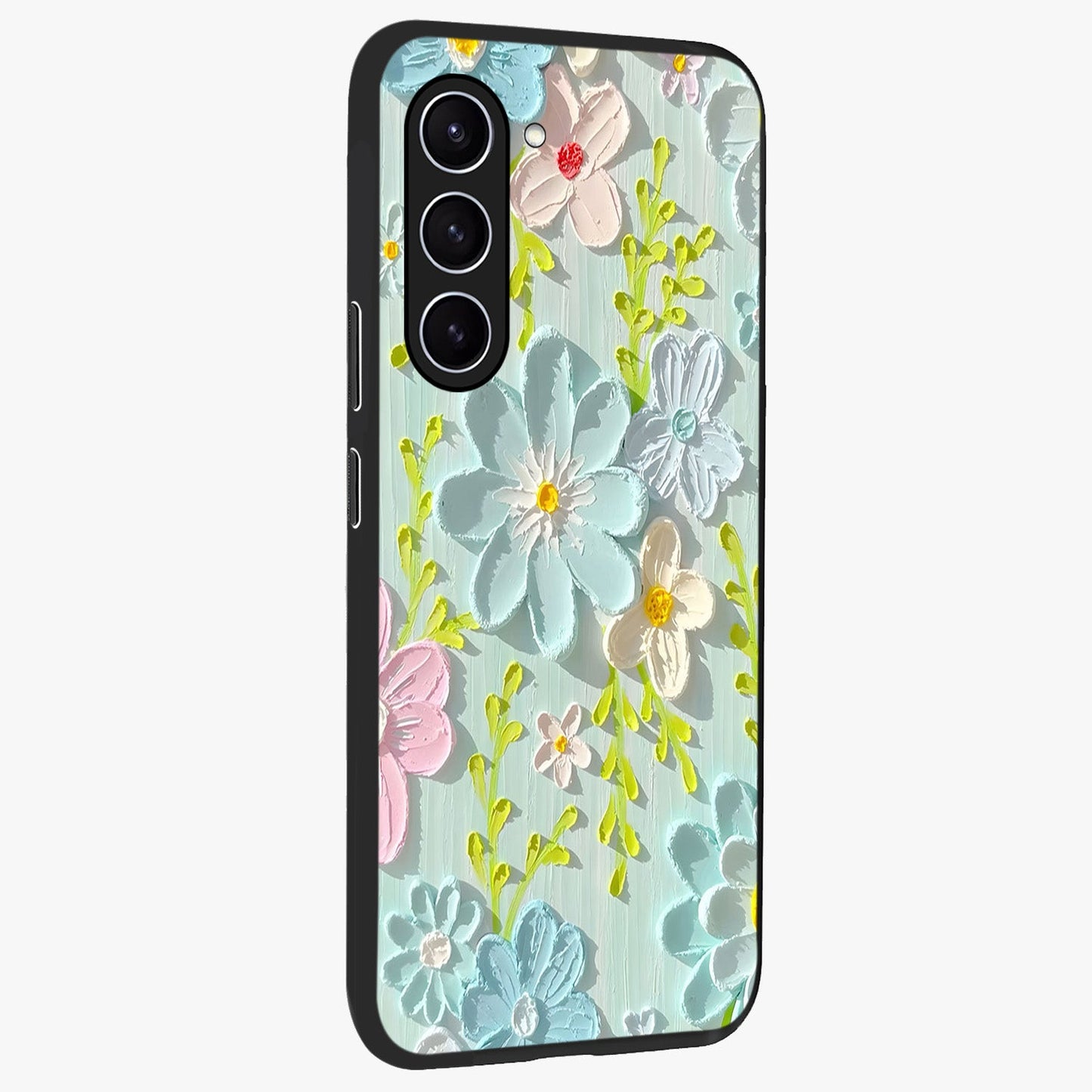 Frosted Petal Garden Glass Case upright view showcasing elegant floral garden artwork with soothing pastel theme.
