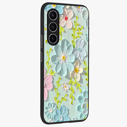 Frosted Petal Garden Glass Case upright view showcasing elegant floral garden artwork with soothing pastel theme.