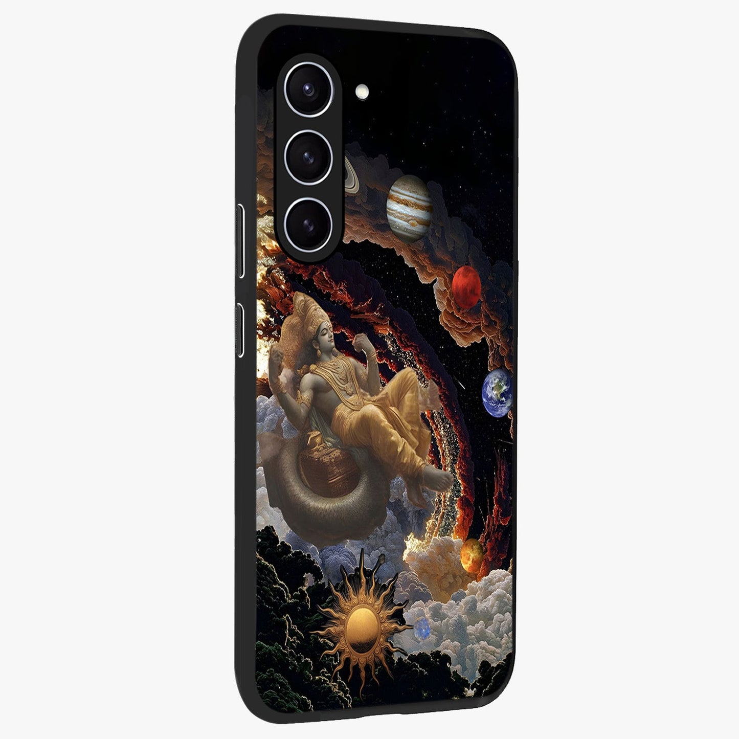 Galactic Divine God Glass Case upright view showcasing mystical divine artwork with dramatic cosmic theme.