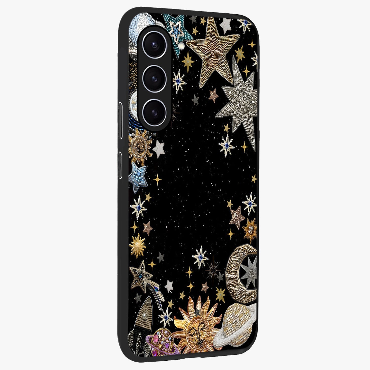 Galactic Jewel Stars Glass Case upright view showcasing glittering star jewel artwork with vibrant galaxy theme.