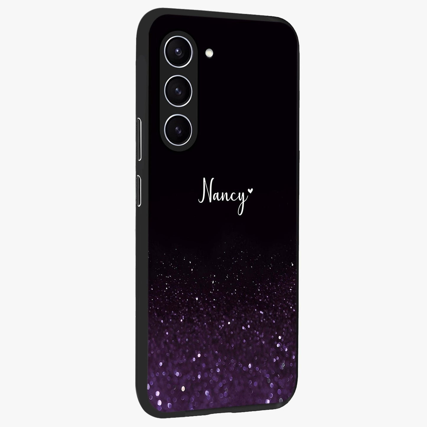 Glittery Purple Bokeh Custom Name Glass Case upright view showcasing vibrant purple sparkle artwork with personalized aesthetic style.