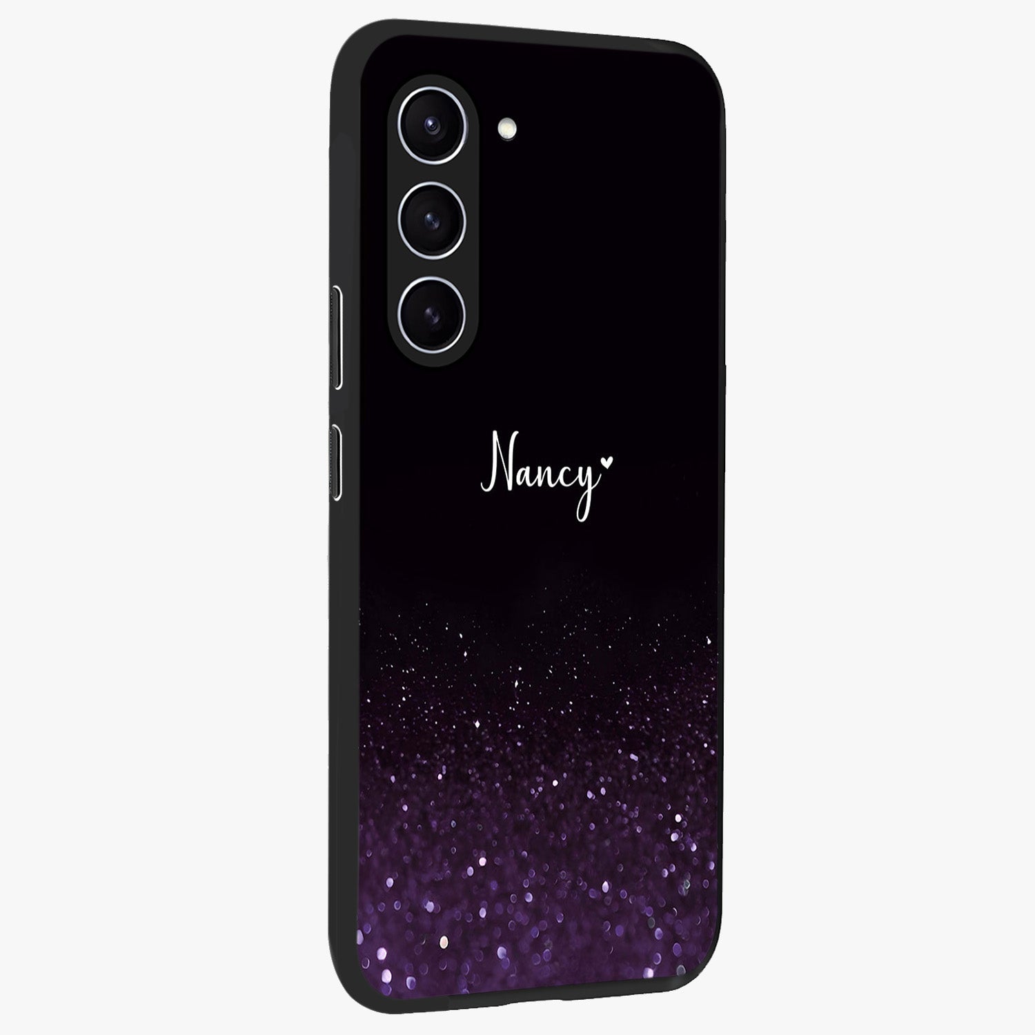 Glittery Purple Bokeh Custom Name Glass Case upright view showcasing vibrant purple sparkle artwork with personalized aesthetic style.