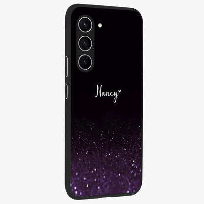 Glittery Purple Bokeh Custom Name Glass Case upright view showcasing vibrant purple sparkle artwork with personalized aesthetic style.