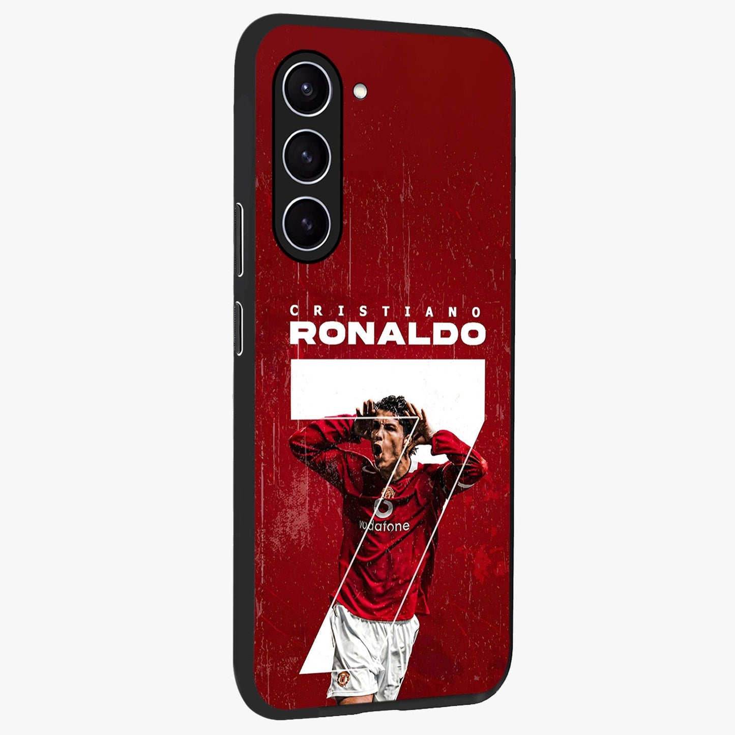 Goal Celebration Legacy Glass Case upright view showcasing dynamic football inspired artwork with victory celebration aesthetic.