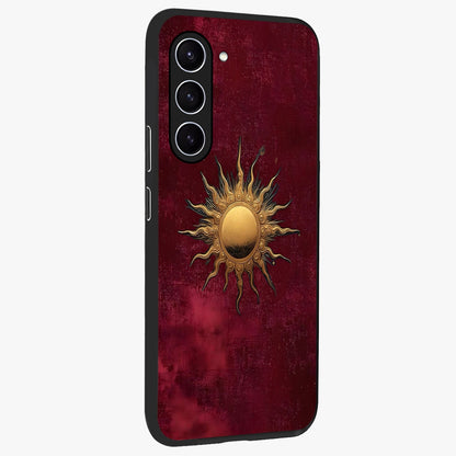 Golden Sun Minimalism Glass Case upright view showcasing simple golden sun artwork with elegant minimalist style.