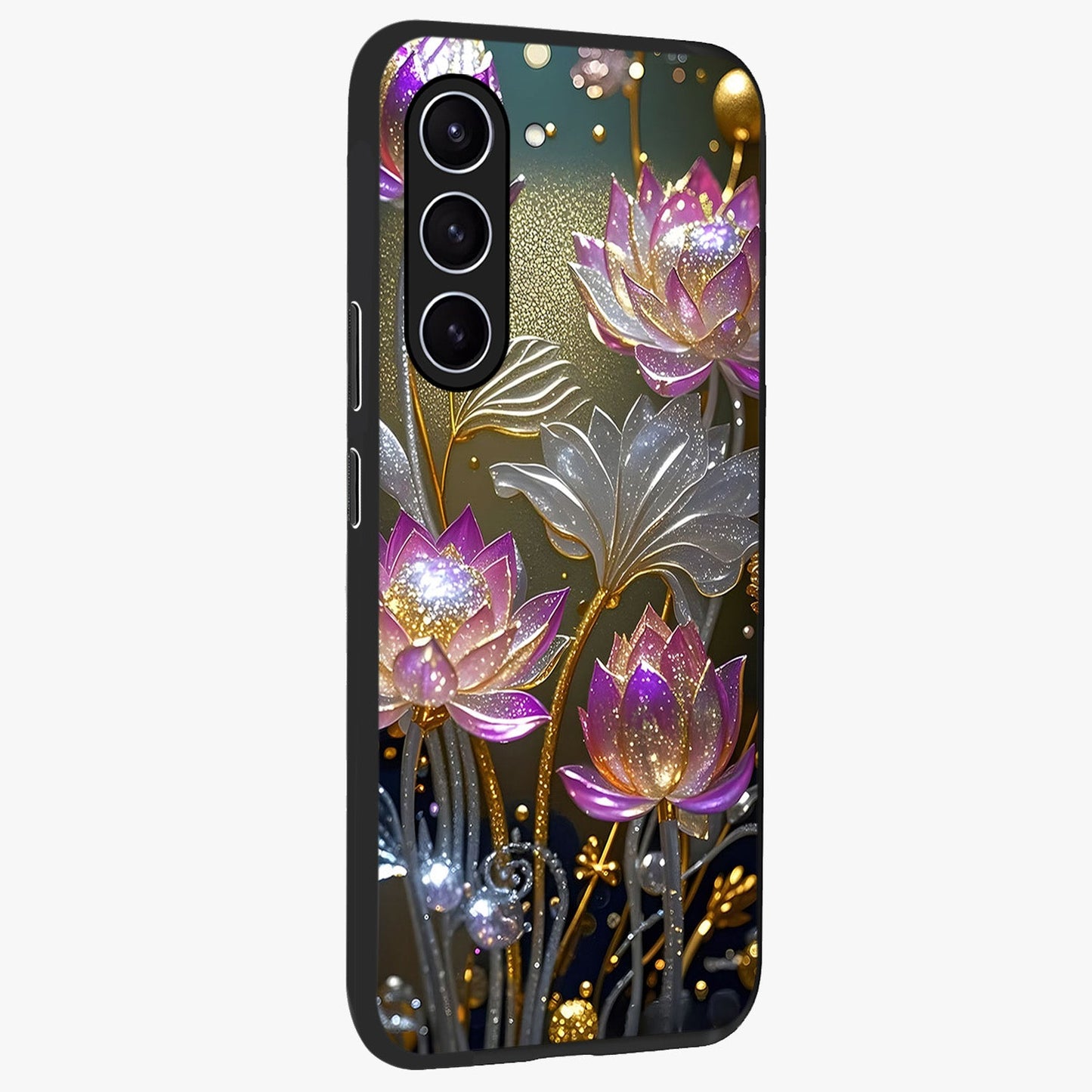 Golden Floral Majesty Glass Case upright view showcasing majestic floral artwork with rich decorative theme.