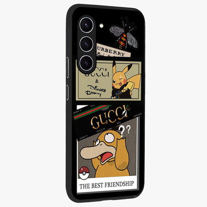 Gucci Play Mashup Glass Case upright view showcasing trendy luxury inspired artwork with modern fashion theme.
