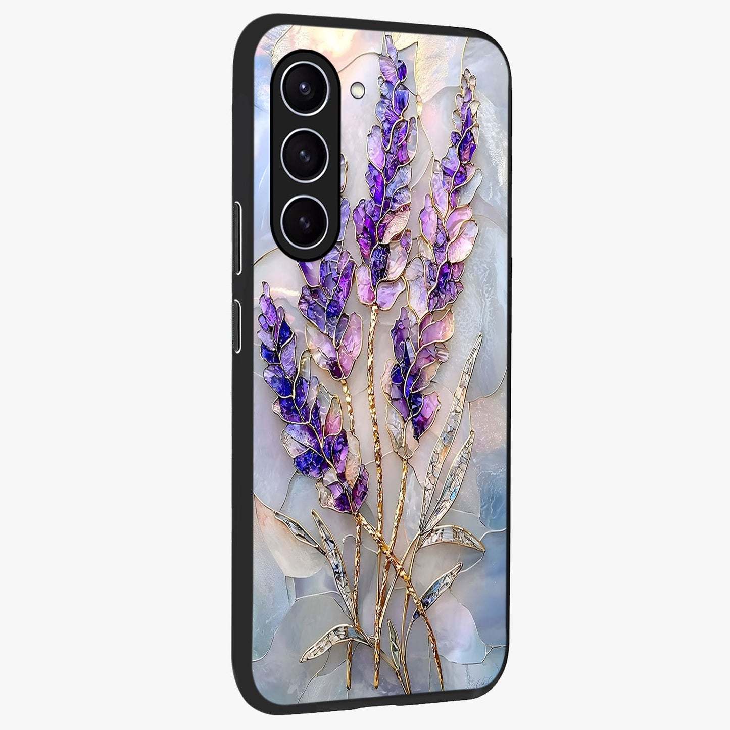 Lavender Dream Glow Glass Case upright view showcasing radiant lavender glow artwork with calming dreamy theme.