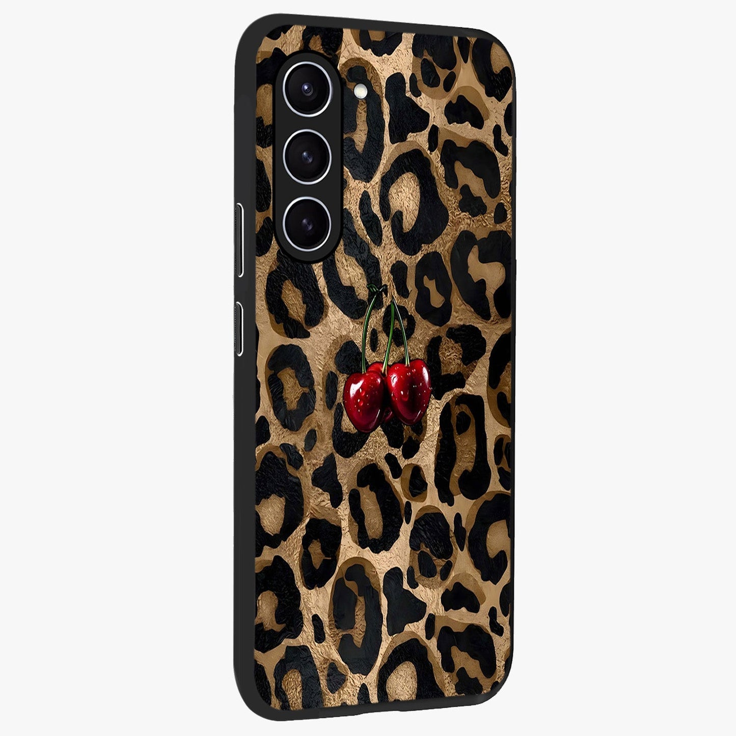 Leopard Wild Cherry Glass Case upright view showcasing stylish leopard pattern artwork with trendy fashion theme.
