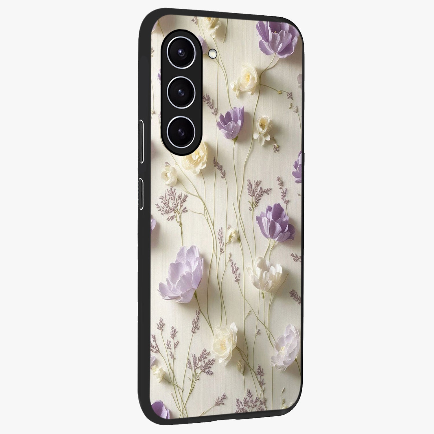 Lilac Breeze Harmony Glass Case upright view showcasing delicate lilac artwork with peaceful floral theme.