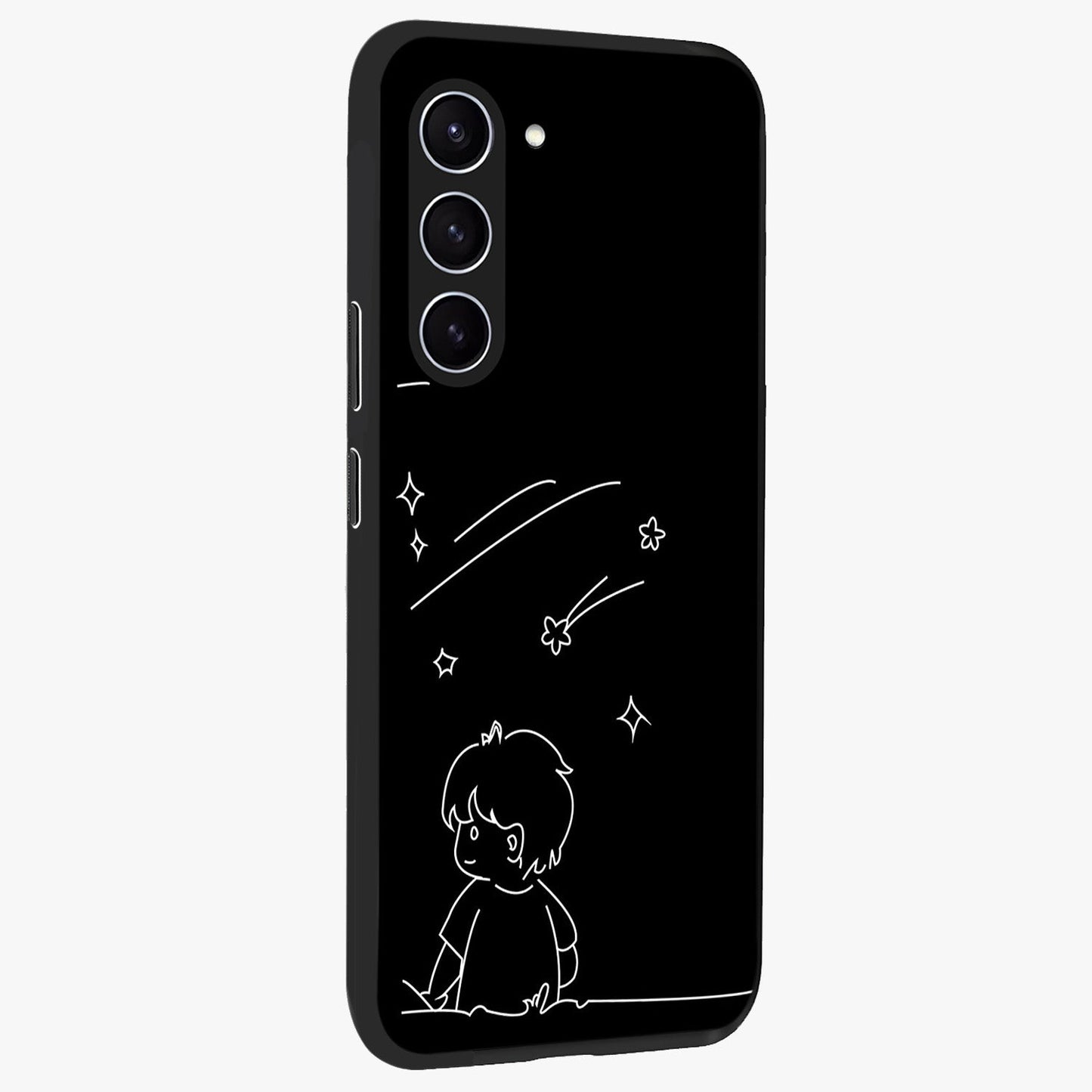 Line Art Boy With Shooting Stars Glass Case upright view showcasing artistic shooting star illustration with minimal style.
