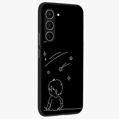 Line Art Boy With Shooting Stars Glass Case upright view showcasing artistic shooting star illustration with minimal style.