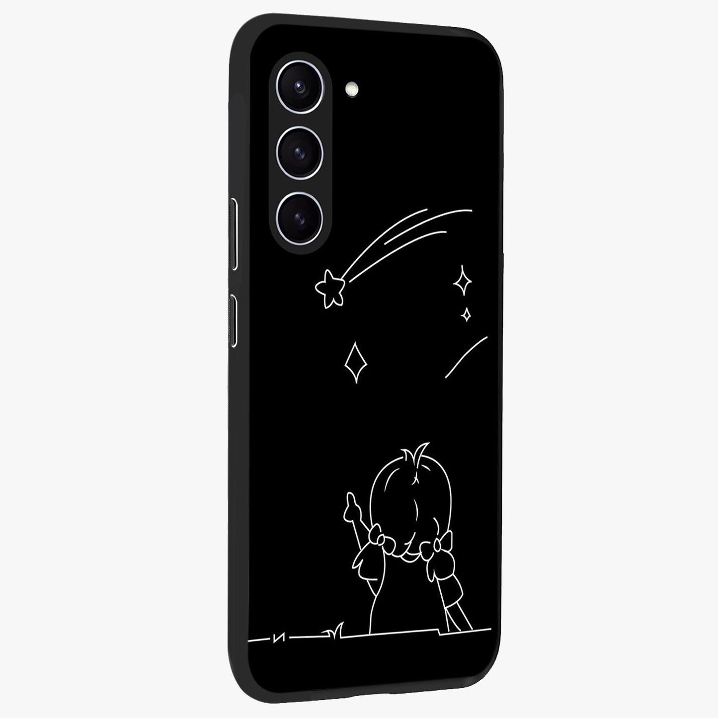 Line Art Girl With Shooting Stars Glass Case upright view showcasing delicate shooting stars artwork with minimal artistic theme.
