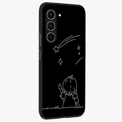 Line Art Girl With Shooting Stars Glass Case upright view showcasing delicate shooting stars artwork with minimal artistic theme.