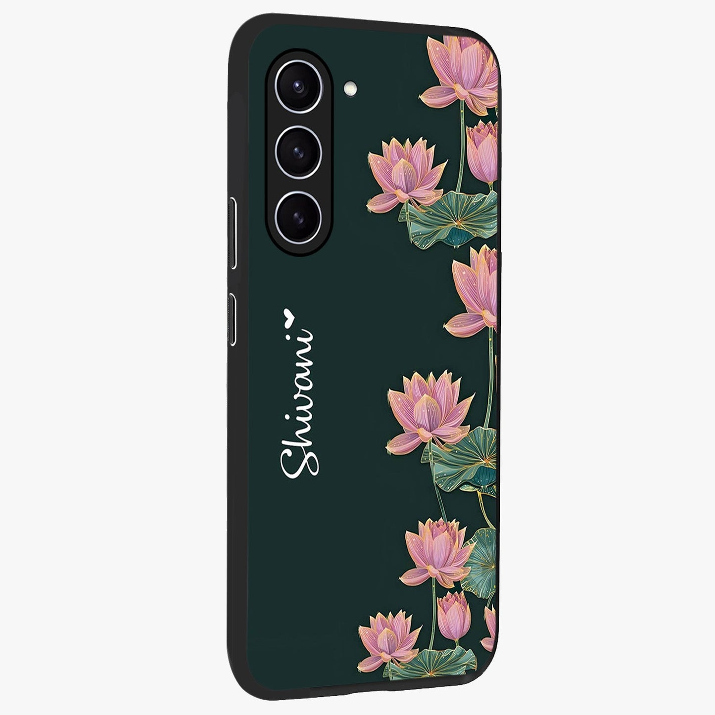 Lotus Bloom Serenity Custom Name Glass Case upright view showcasing serene lotus bloom artwork with personalized floral aesthetic.