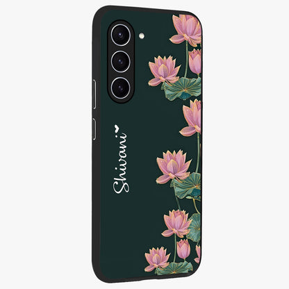 Lotus Bloom Serenity Custom Name Glass Case upright view showcasing serene lotus bloom artwork with personalized floral aesthetic.