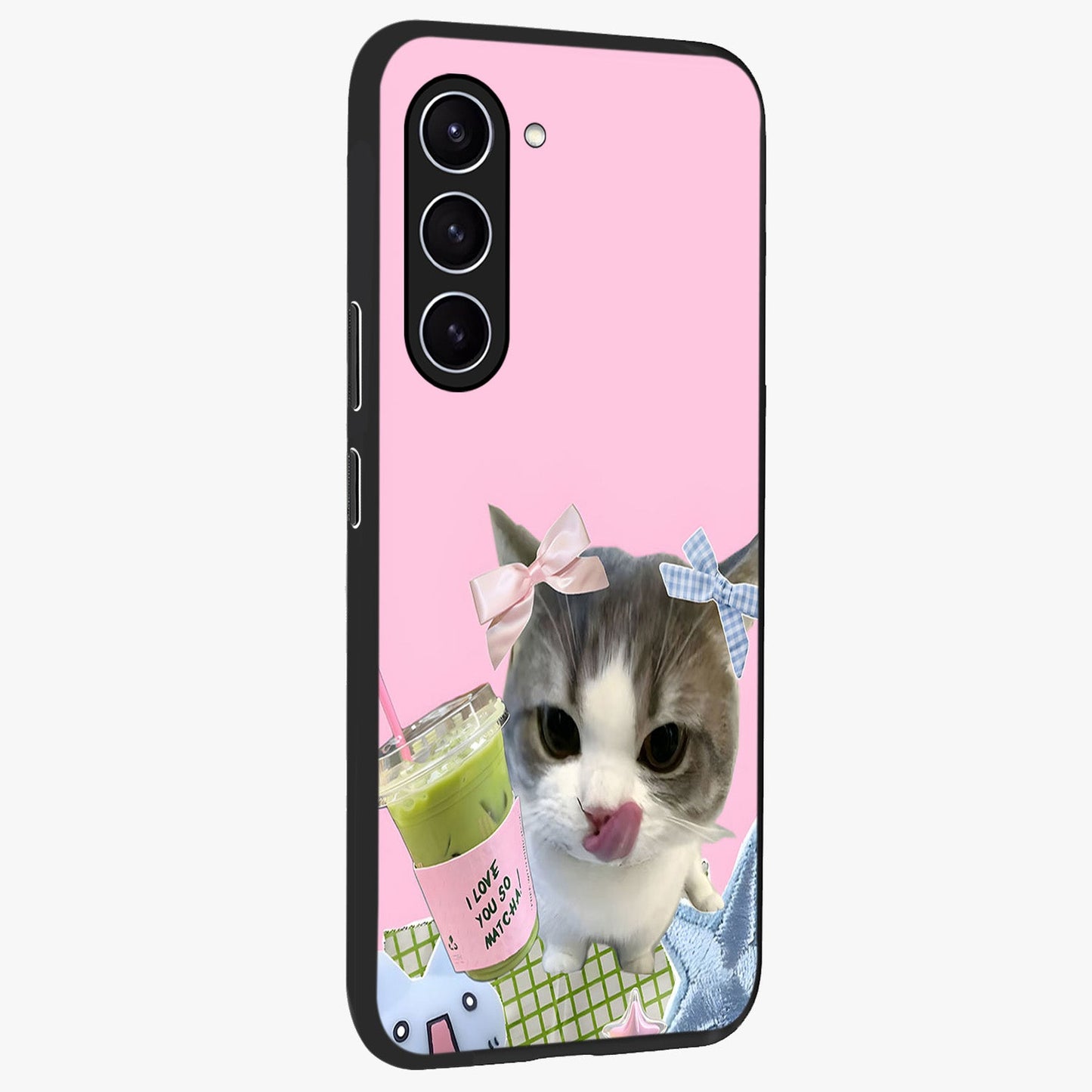 Love Matcha Cat Glass Case upright view showcasing adorable cat artwork with charming matcha themed design.
