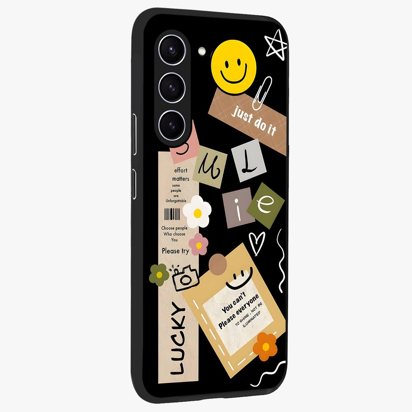 Lucky Aesthetic Collage Glass Case upright view showcasing vibrant collage artwork with youthful aesthetic theme.