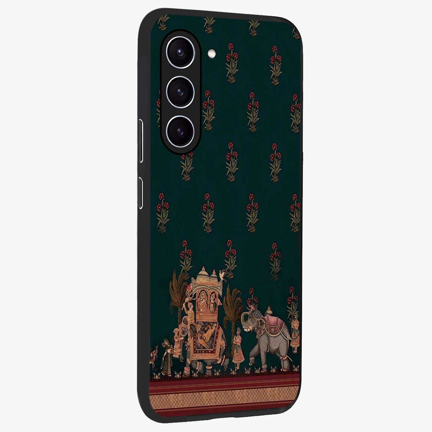 Macmerise Glass Case upright view showcasing bold artistic artwork with contemporary design theme.