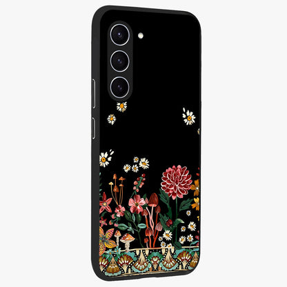 Midnight Bloom Pattern Glass Case upright view showcasing decorative floral artwork with deep night themed palette.