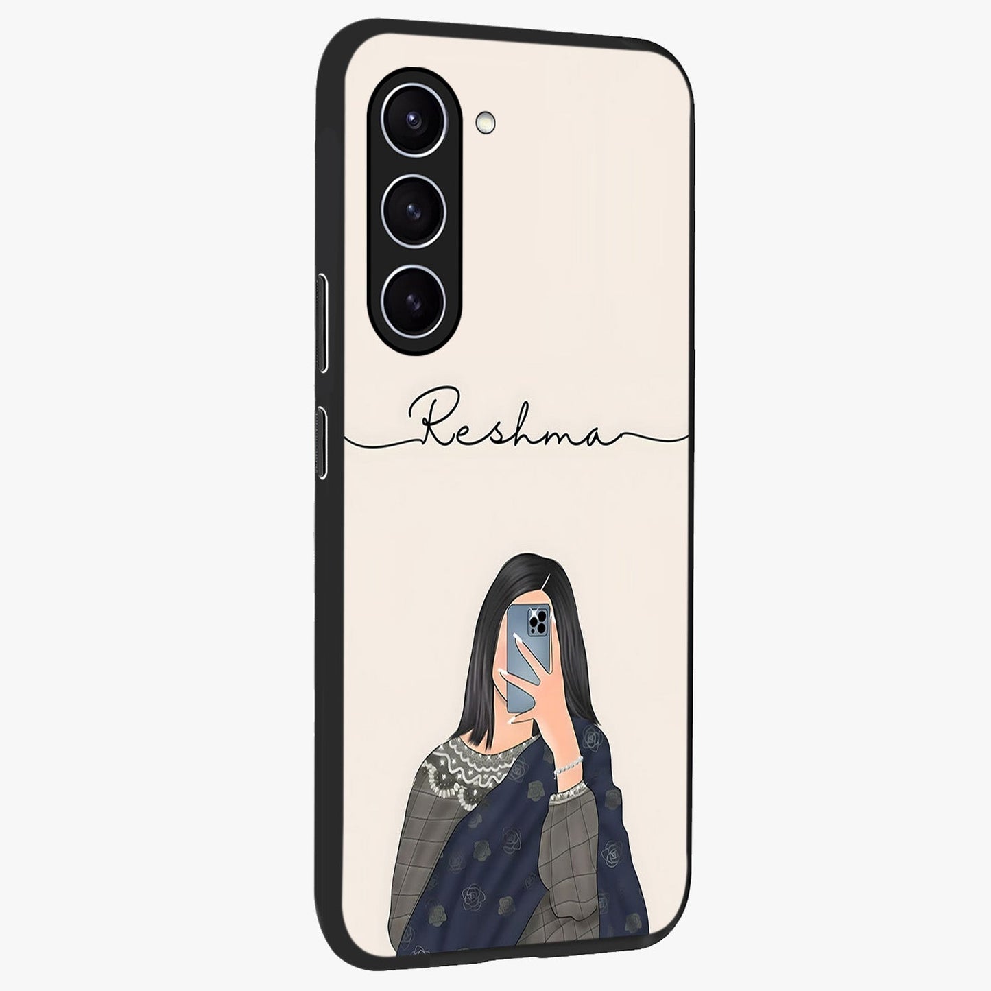 Mirror Mood Muse With Custom Name Glass Case upright view showcasing artistic mirror themed artwork with personalized aesthetic.