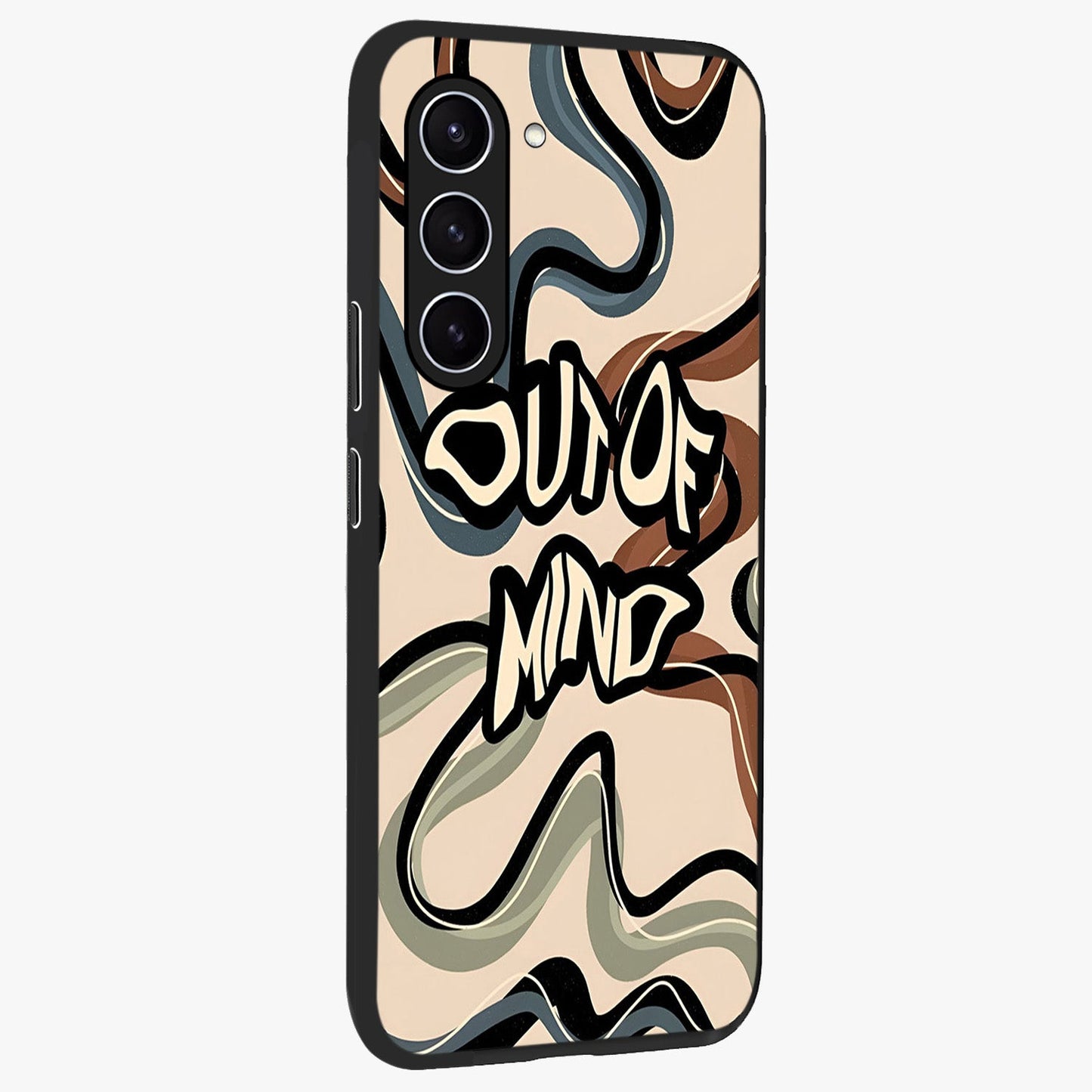 Out Of Mind Glass Case upright view showcasing striking typography artwork with edgy conceptual theme.