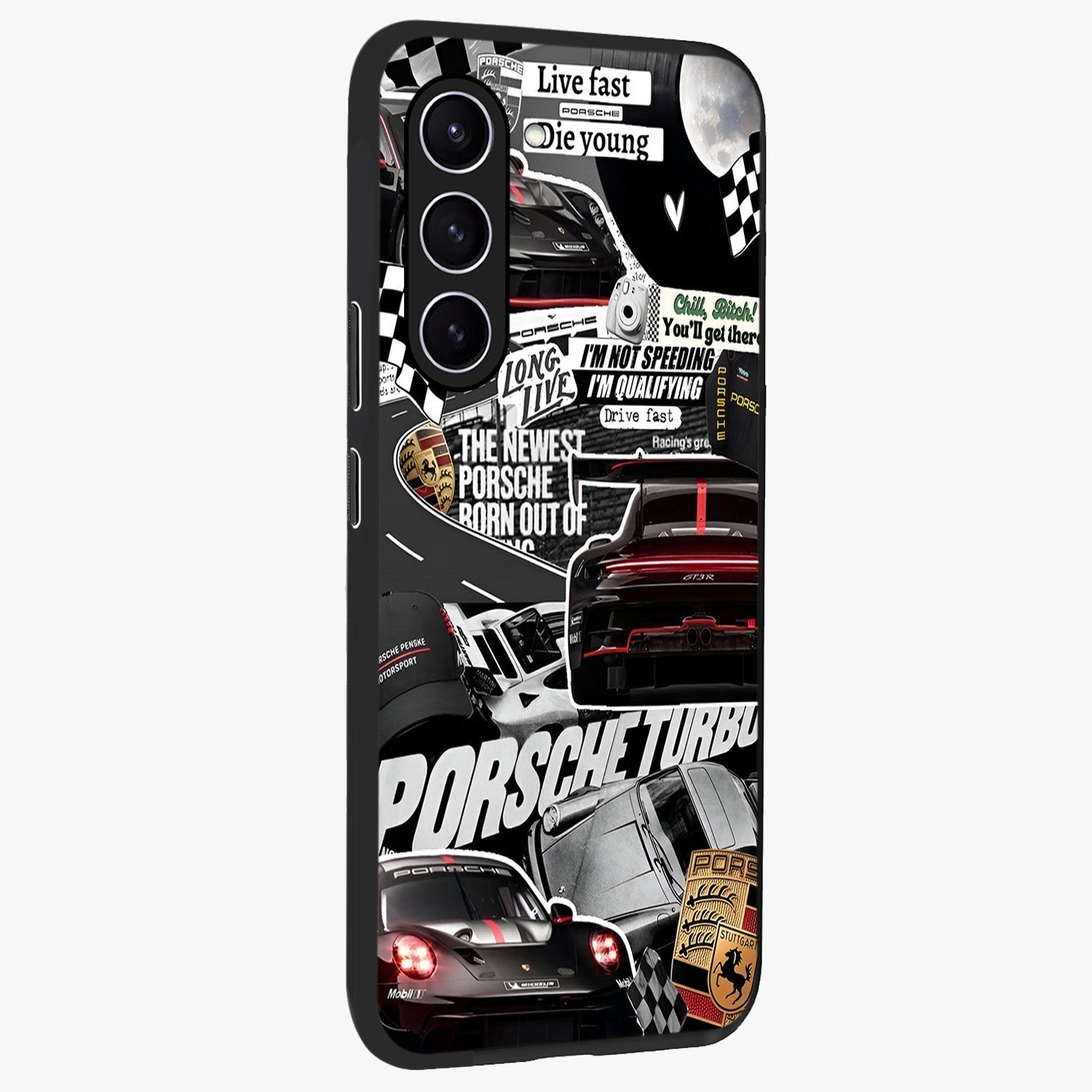 Porsche Racing Collage Glass Case upright view showcasing energetic car collage artwork with high speed racing theme.