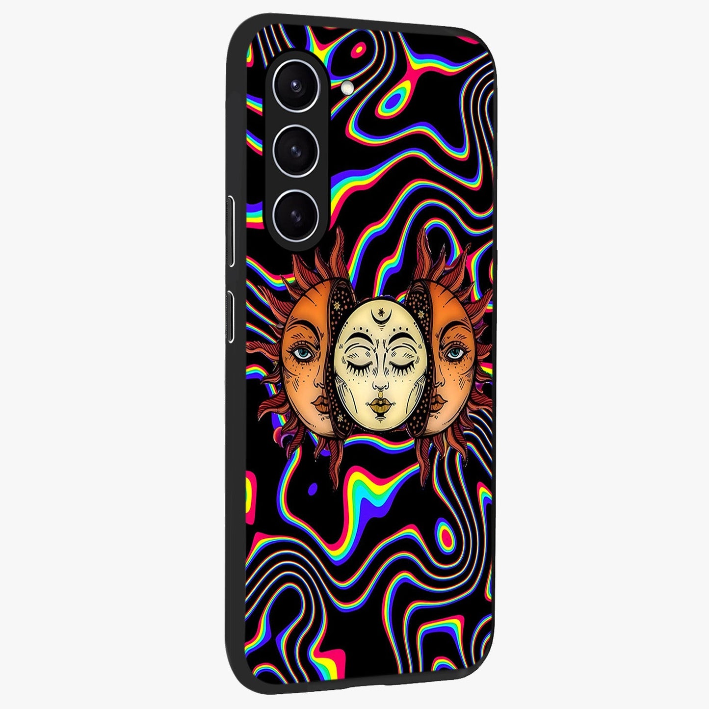 Psychedelic Sun Glass Case upright view showcasing trippy sun artwork with bold psychedelic theme.