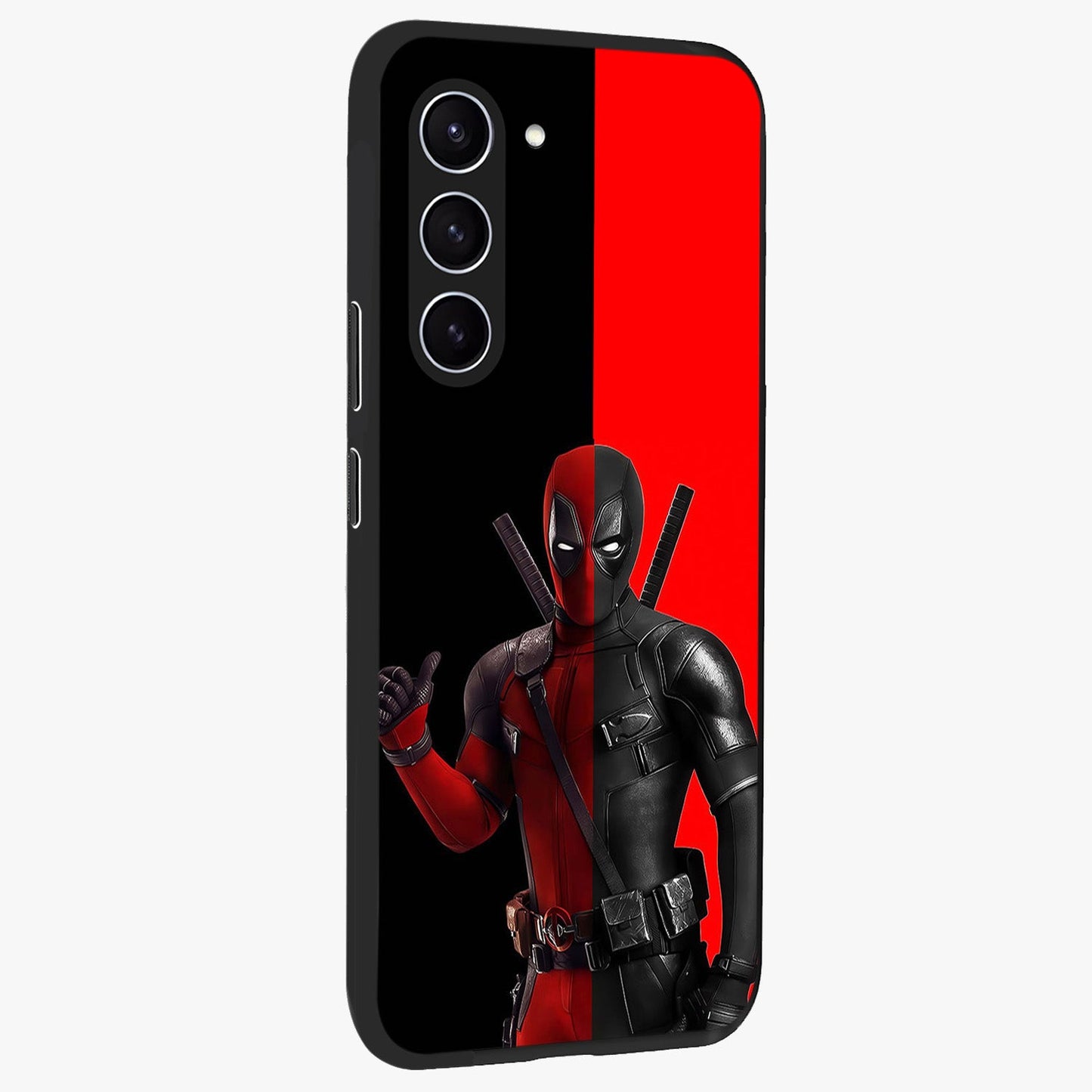 Red & Black Deadpool Theme Glass Case upright view showcasing energetic comic themed artwork with striking red and black design.