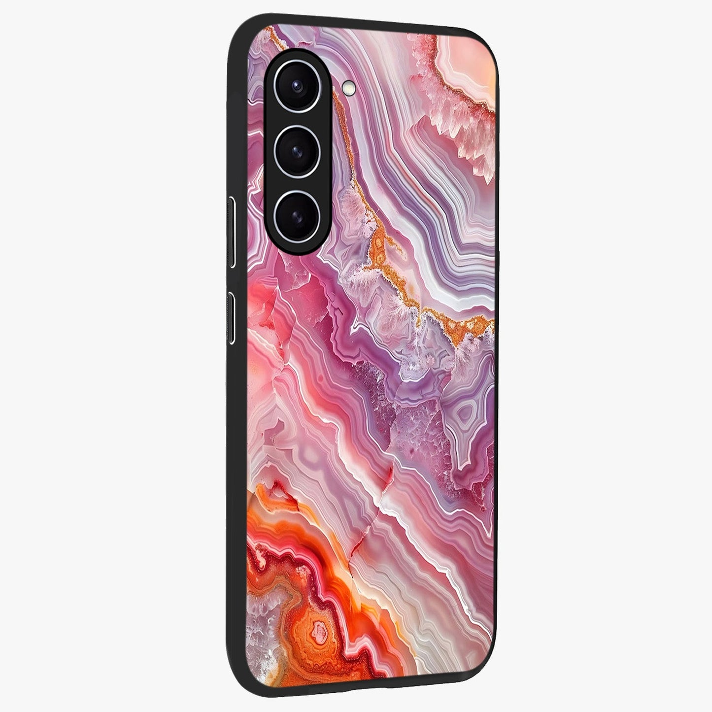 Rose Quartz Marble Glass Case upright view showcasing decorative marble artwork with luxurious pastel theme.