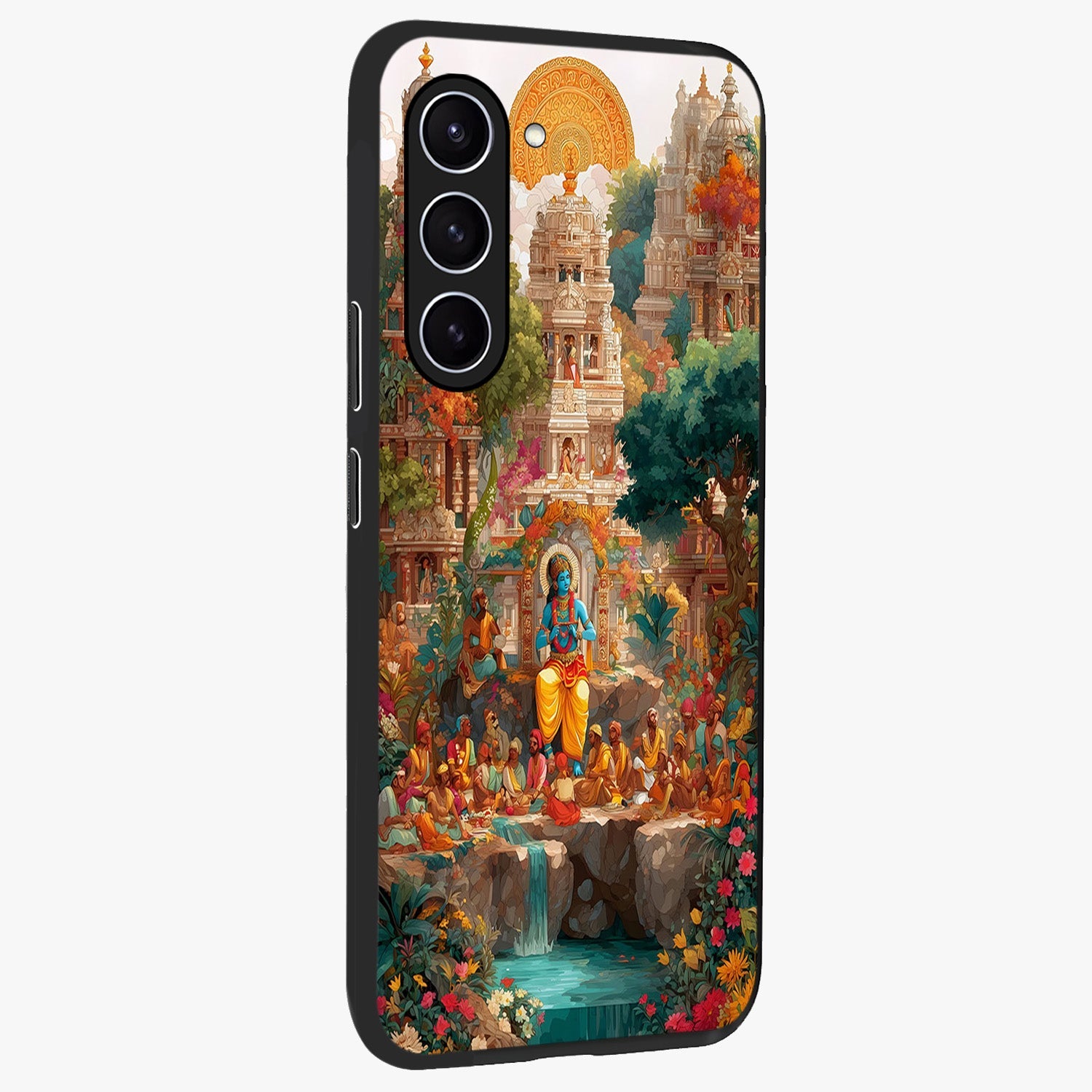 Sacred Sunlight Gods Glass Case upright view showcasing glowing divine artwork with sacred mythological theme.