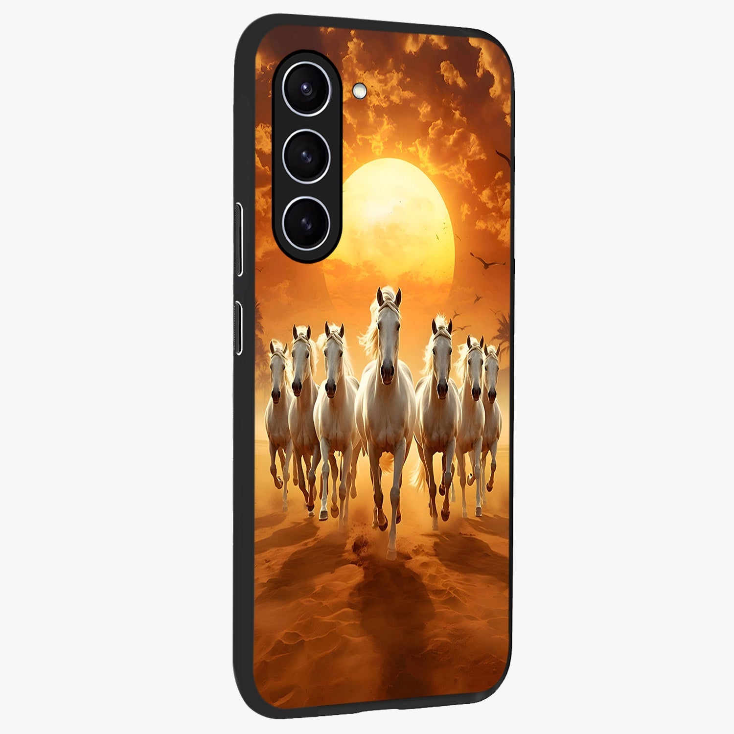 Wild Sunset Majesty Glass Case upright view showcasing dramatic sunset artwork with bold nature theme.