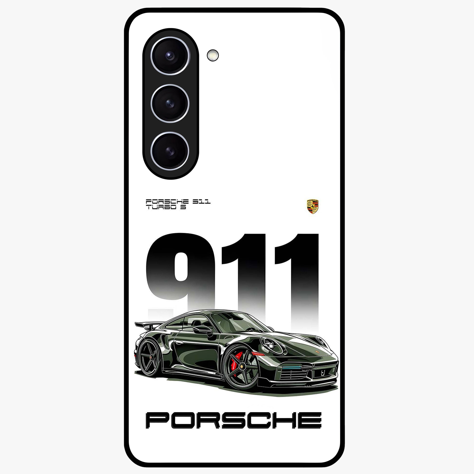 911 Turbo Dominance Glass Case showing clean flat back view with bold 911 sports car artwork and glossy glass finish.