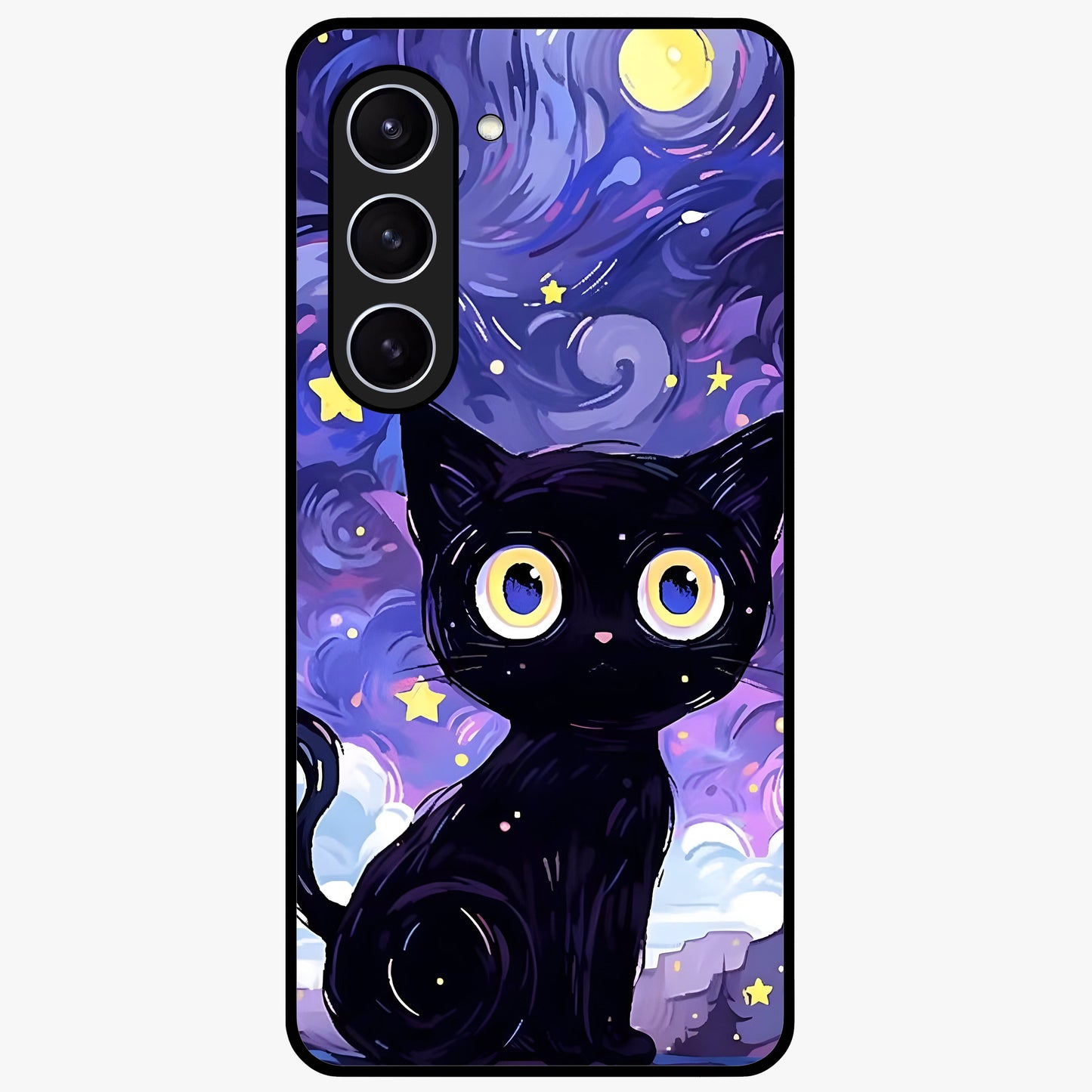 Abstract Cat Art Glass Case showing flat back view with artistic cat illustration and glossy glass finish.