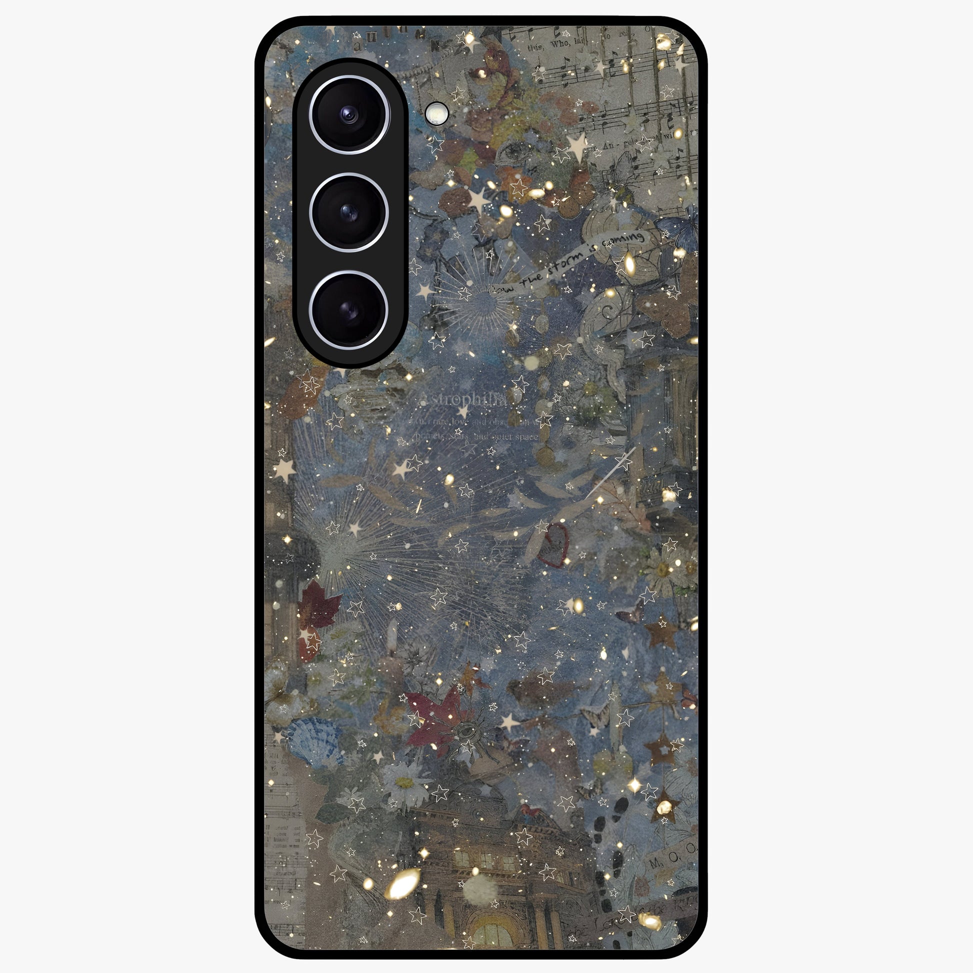 Aesthetic Astrolophia Glass Case showing flat back view with dreamy aesthetic design and glossy glass finish.