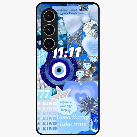 Aesthetic Be Kind Eye Glass Case showing flat back view with motivational eye artwork and glossy glass finish.
