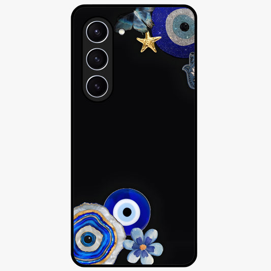 Aesthetic Blue Evil Eye Glass Case showing flat back view with protective evil eye artwork and glossy glass finish.