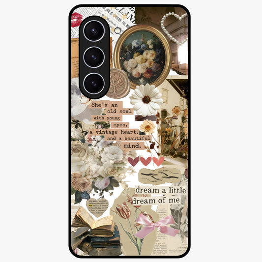 Aesthetic Brown Vintage Collage Glass Case showing flat back view with retro collage artwork and glossy glass finish.