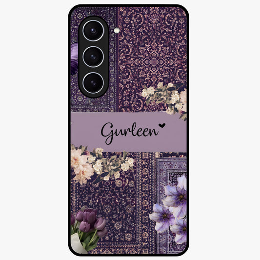 Antique Floral Whisper Custom Name Glass Case showing flat back view with vintage floral artwork and personalized name design.
