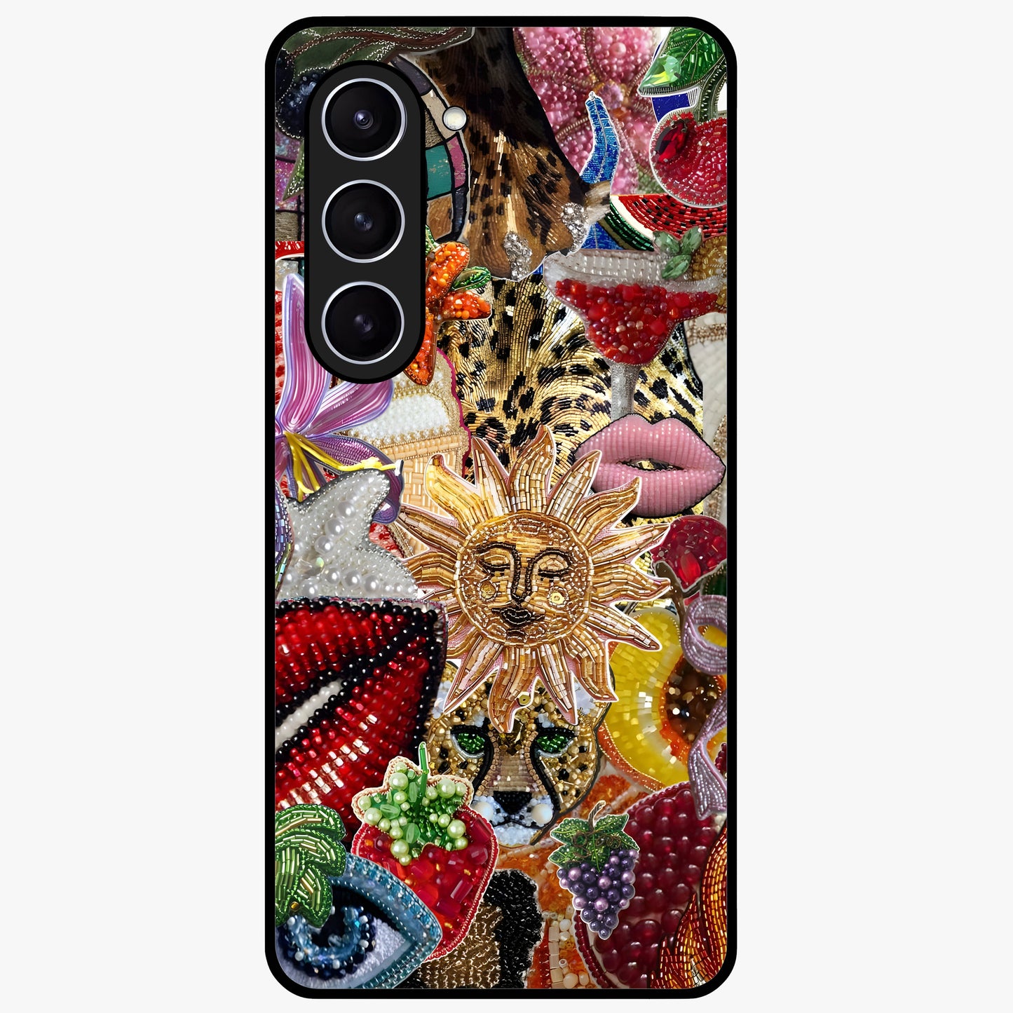 Beaded Fashion Jungle Glass Case showing flat back view with vibrant jungle inspired bead artwork and glossy glass finish.