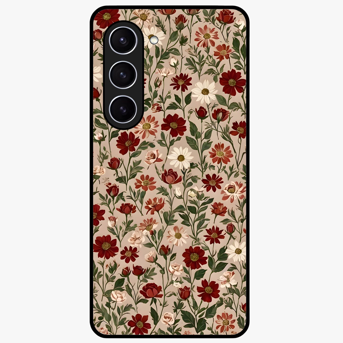 Biege Flower With Leaf Glass Case showing flat back view with soft beige floral artwork and glossy glass finish.