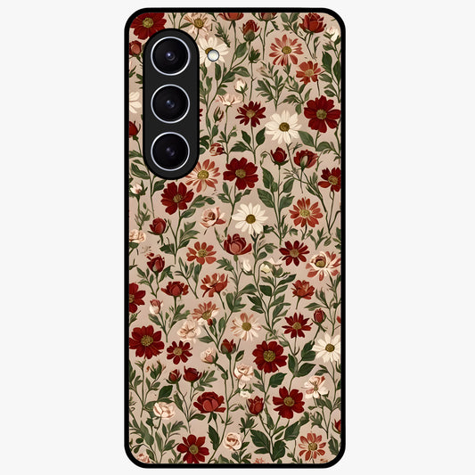 Biege Flower With Leaf Glass Case showing flat back view with soft beige floral artwork and glossy glass finish.
