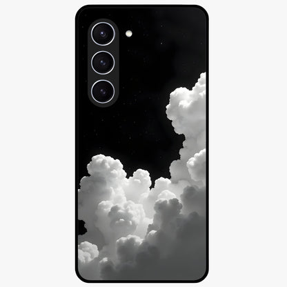 Black Background With White Cloud Glass Case showing flat back view with minimal cloud artwork on dark background and glossy glass finish.