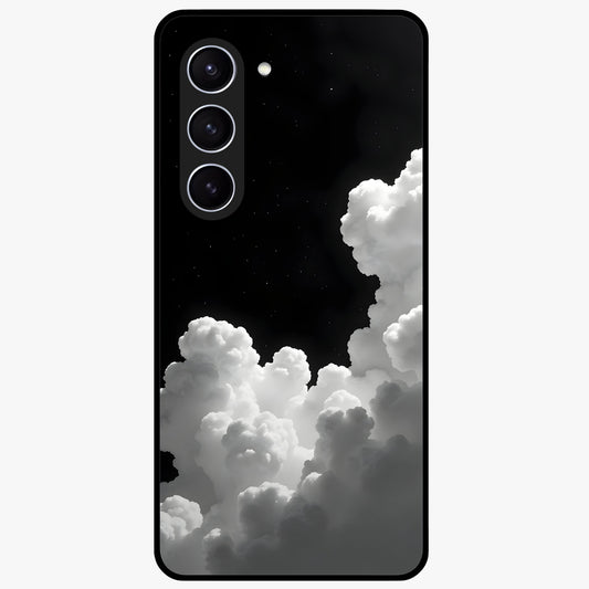 Black Background With White Cloud Glass Case showing flat back view with minimal cloud artwork on dark background and glossy glass finish.